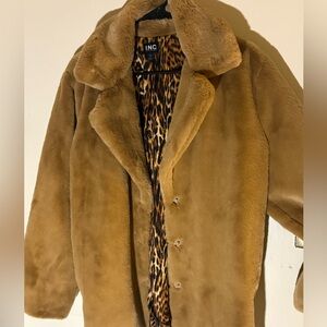 INC International Concepts Tan Faux Fur Coat with Leopard Print